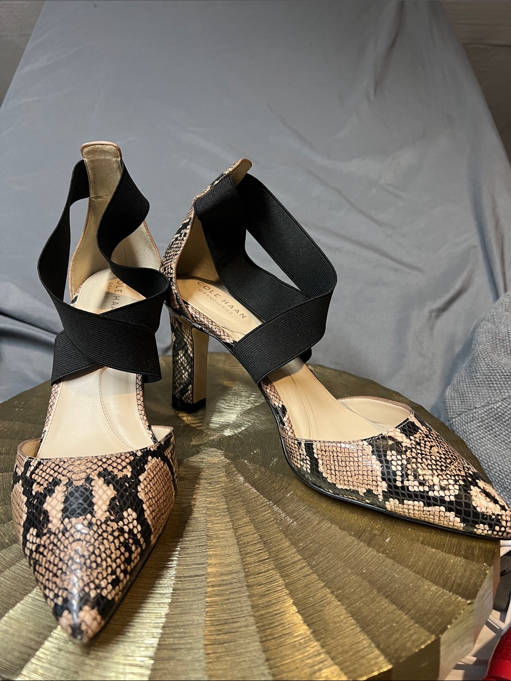 Cole Haan Tan & Black Snake-Print Pointed Toe Heels with Elastic Crossover